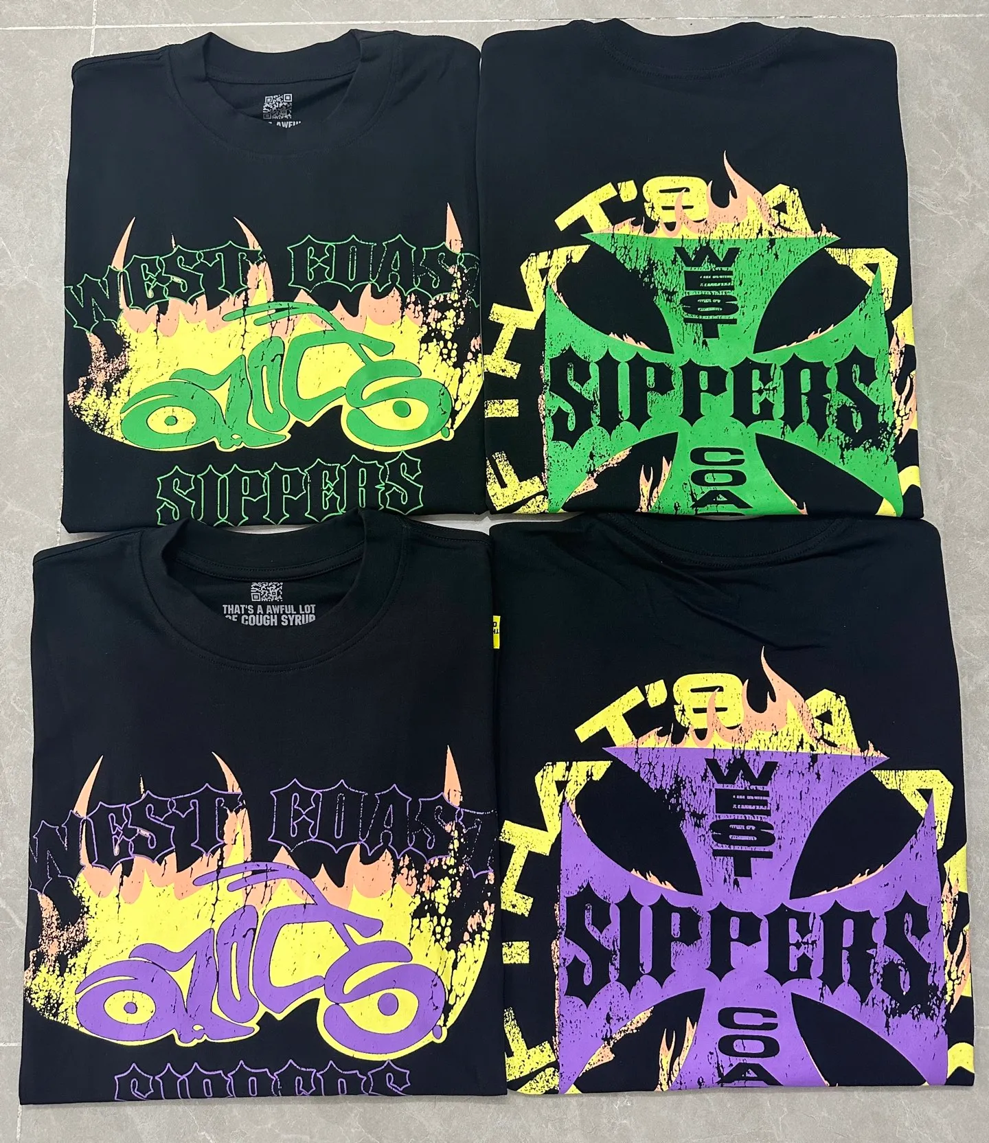 # - -purple I THAT'S A AWFUL LOT OF COUGH SYRUP In Stock Real shot American simple trendy brand loose casual T-shirt Fabric (fabric): 32 counts Weight combed double yarn pure cotton Sizes (size): S-M L X L Color (colour): Black-Green Black-Purple